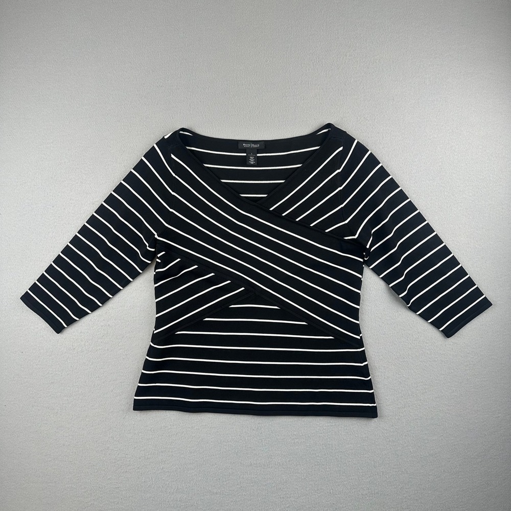 White House Black Market Striped Top Womens L Black White Crossover 3/4 Sleeve